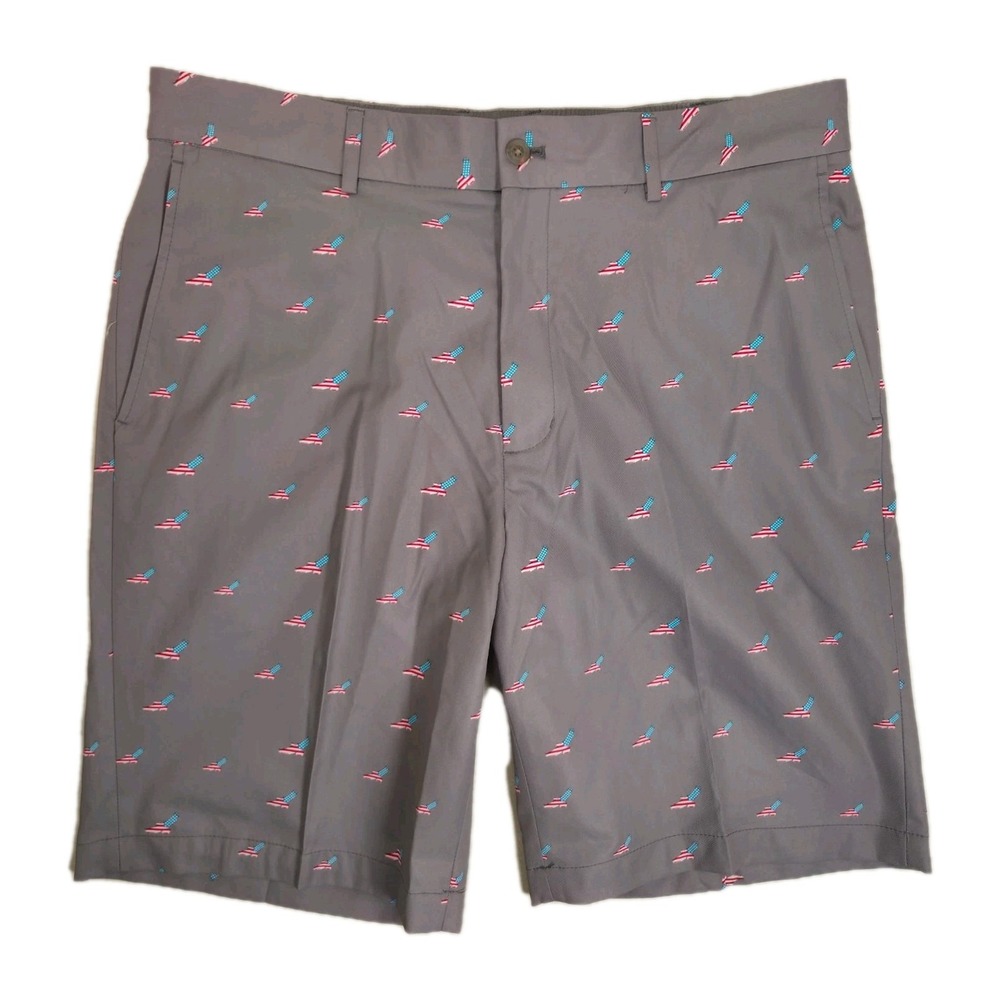 Walter Hagen Golf Shorts Mens 36×10 Gray Double Eagle USA Flag Allover Print